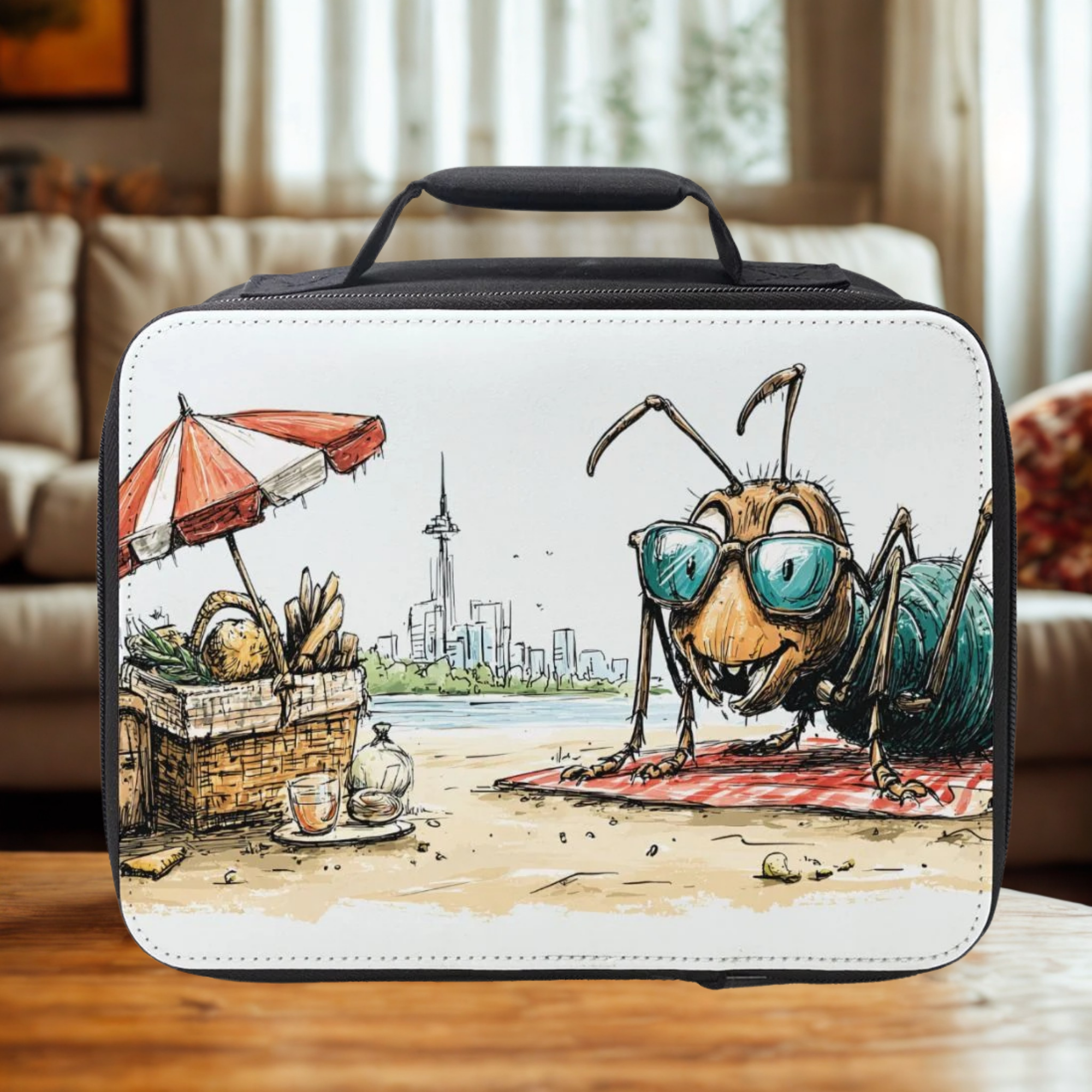  insulated lunch bag with a cartoon ant design on a wooden living room table.