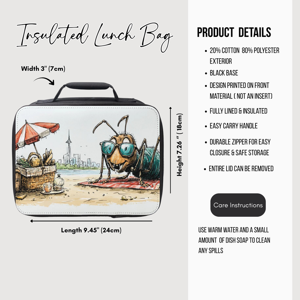 Insulated lunch bag with cartoon ant design on a white background