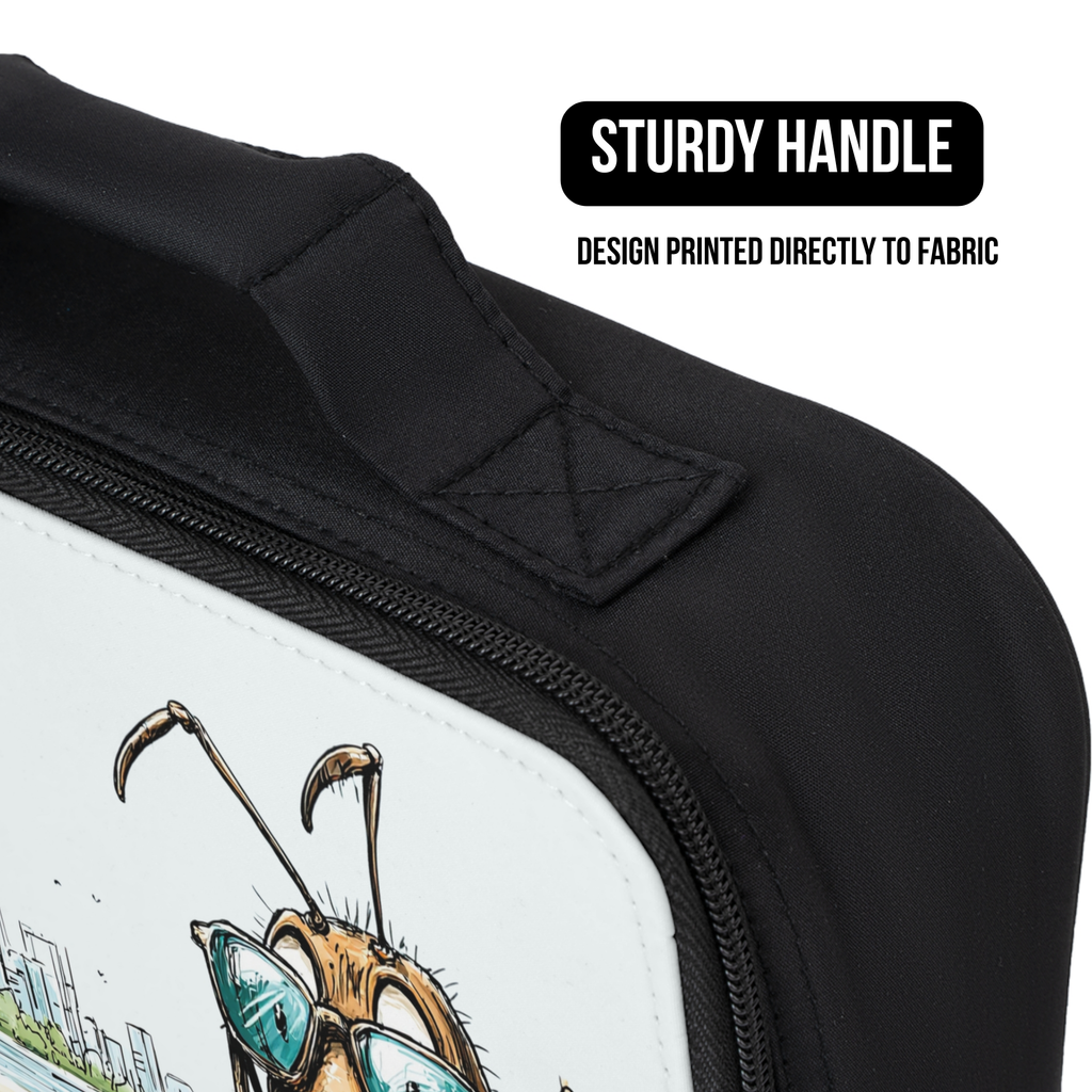 Close up of a black lunch bag with a design printed directly to fabric and a sturdy handle on a white background