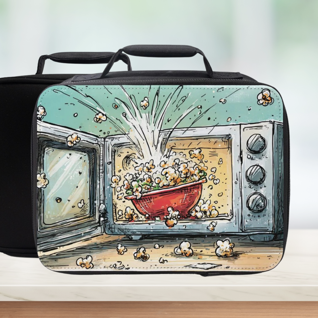 Lunch bag with a cartoon design of popcorn popping in a microwave oven.
