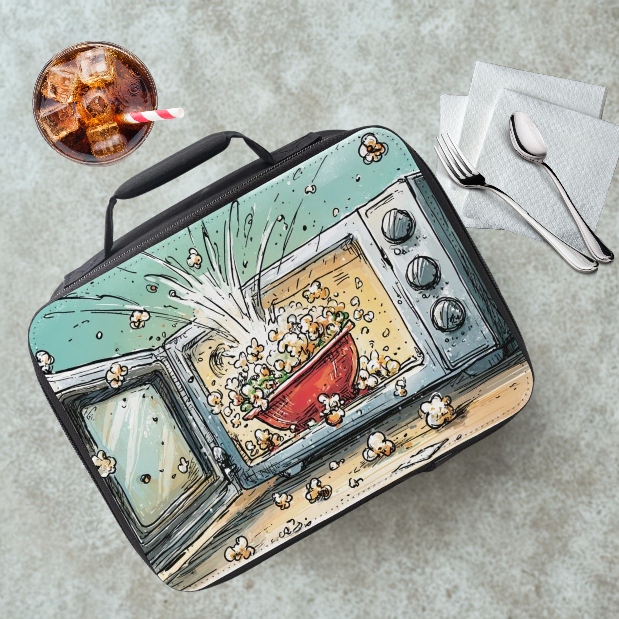 Lunch bag with popcorn exploding out of a microwave design on a cafeteria table with a drink and utensils.