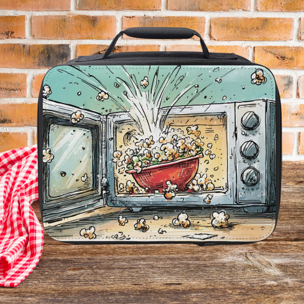 Lunch bag with popcorn exploding out of a microwave design on a picnic table against brick wall background
