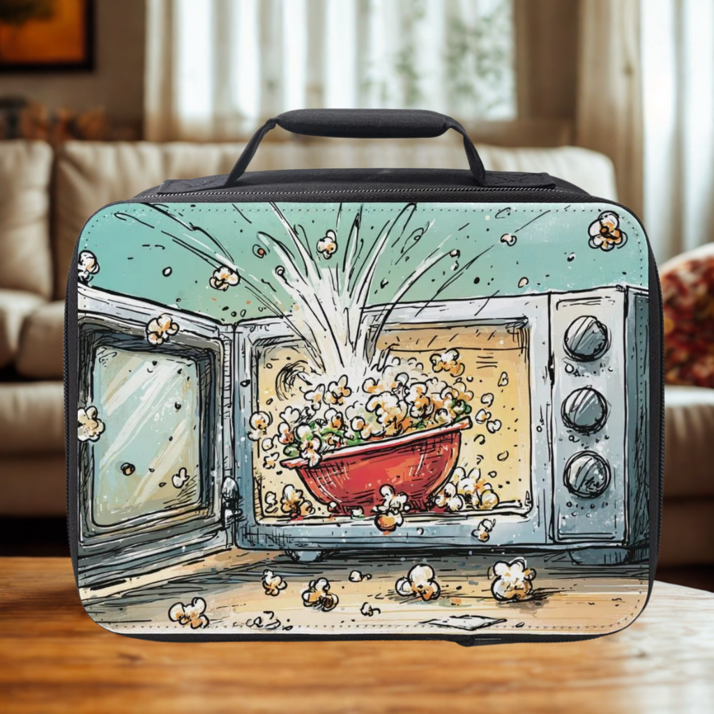 Lunch bag with a cartoon design of a microwave and popcorn on a wooden living room table.