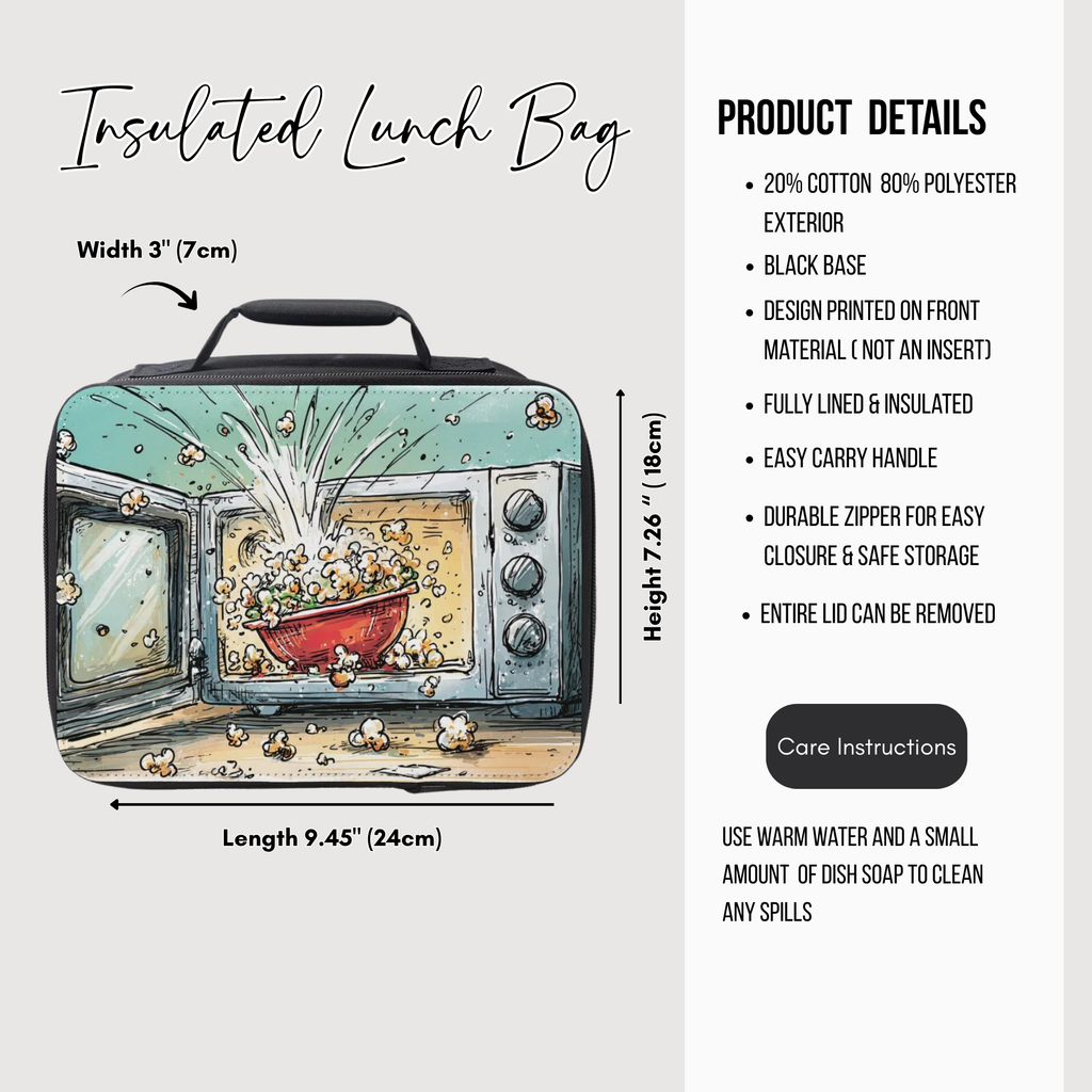 Insulated lunch bag with cartoon design of popcorn exploding out of a microwave on a white background, featuring product details.