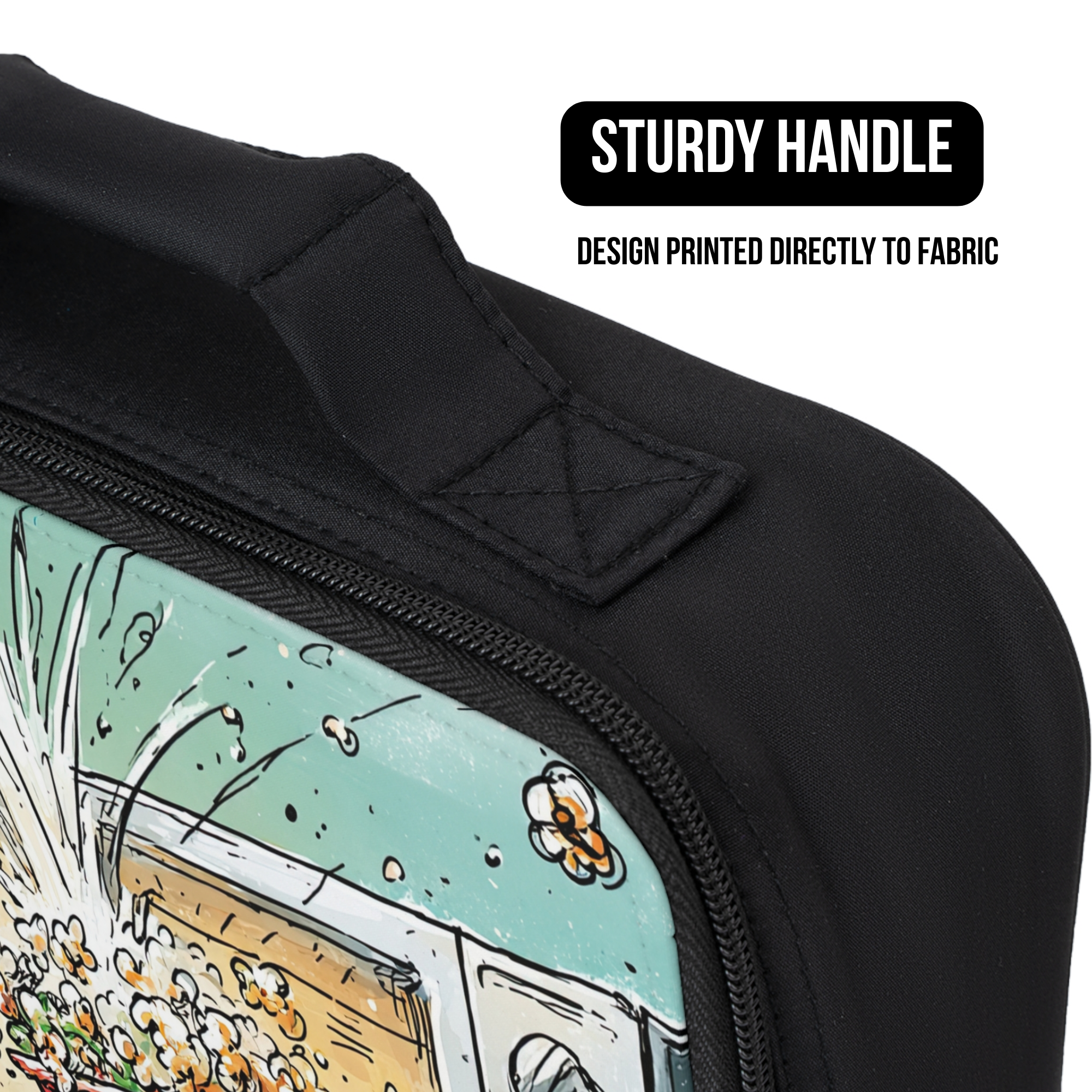 Black lunch bag with a printed design on fabric, featuring a sturdy handle.