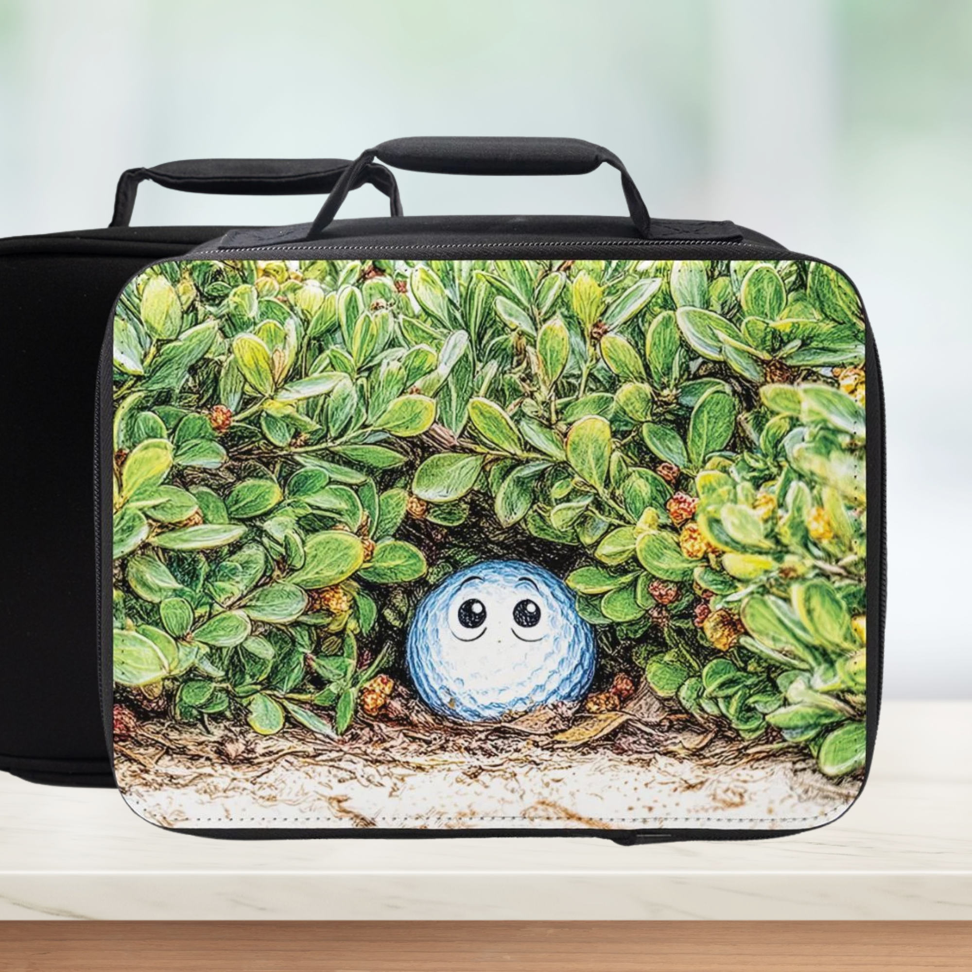 Black lunch bag with Golf ball with a face design on a light background