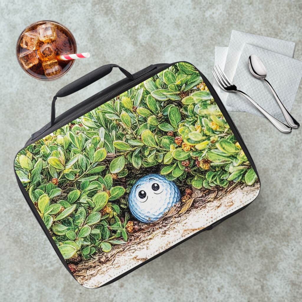 Lunch bag with nature-themed design featuring a golf ball in a bush on a cafeteria table with a drink and utensils.