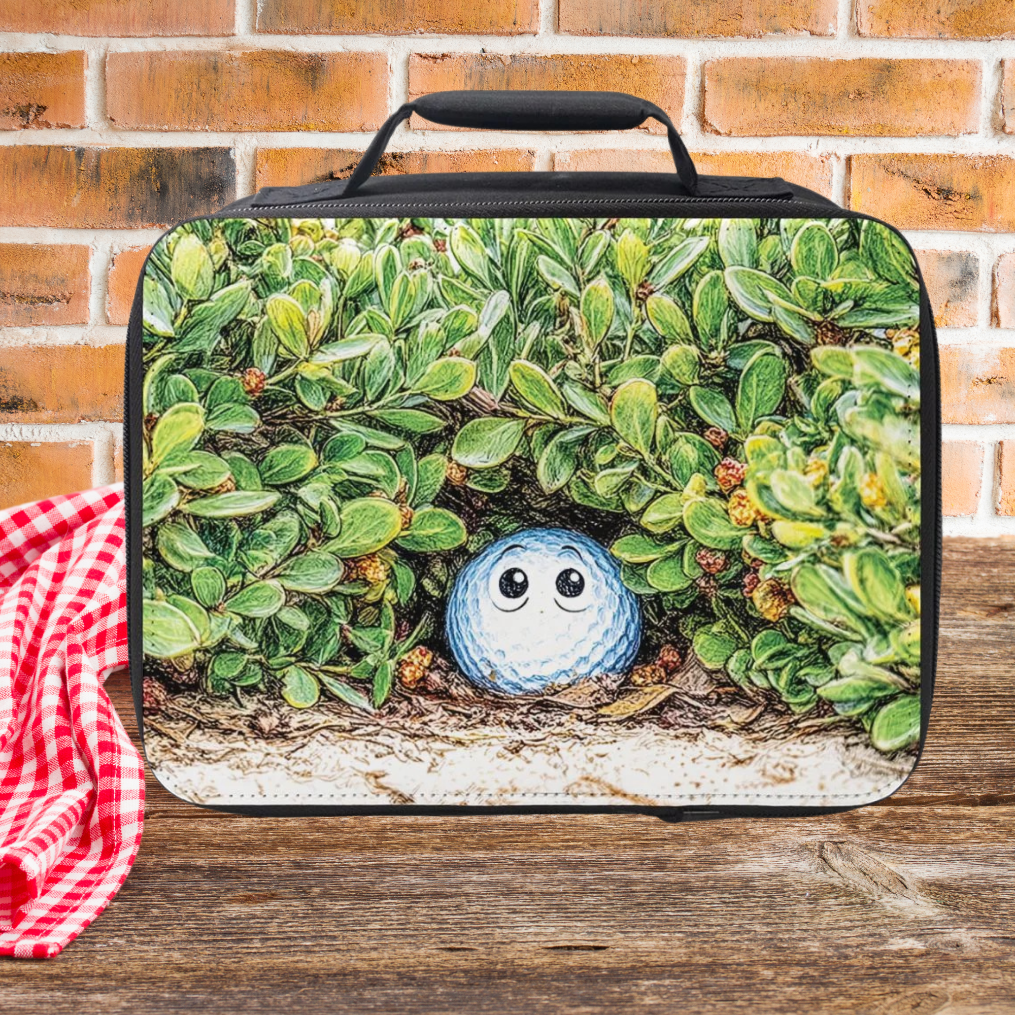 Lunch bag with a design of a blue golf ball peeking out from green leaves sitting on a picnic table against a brick wall.