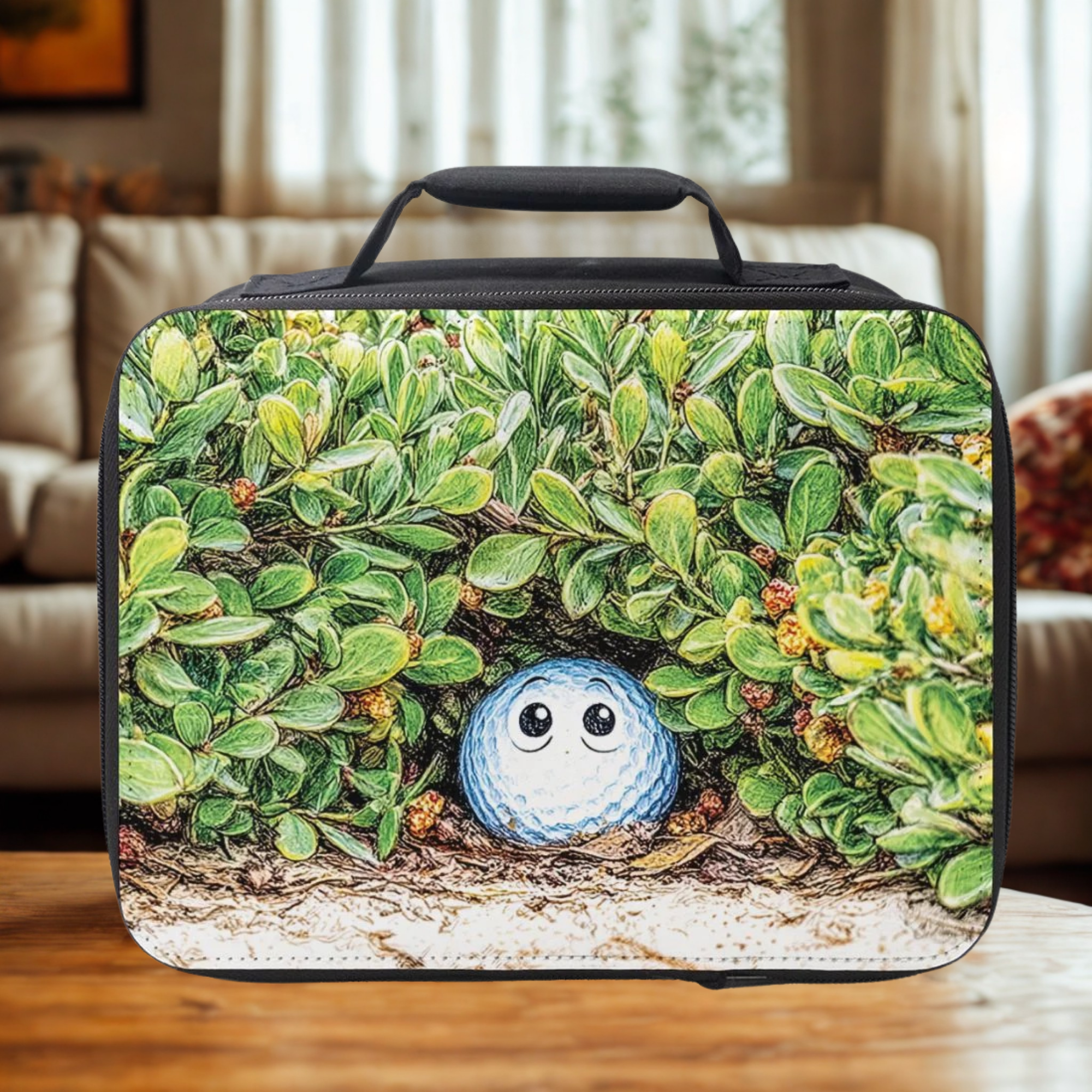 Lunch bag with a design of a blue golf ball with eyes peeking out from green leaves on a wooden living room table.