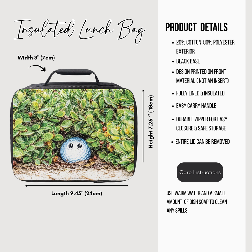 Insulated lunch bag with a design of a character golf ball in leaves, featuring product details on a white background.