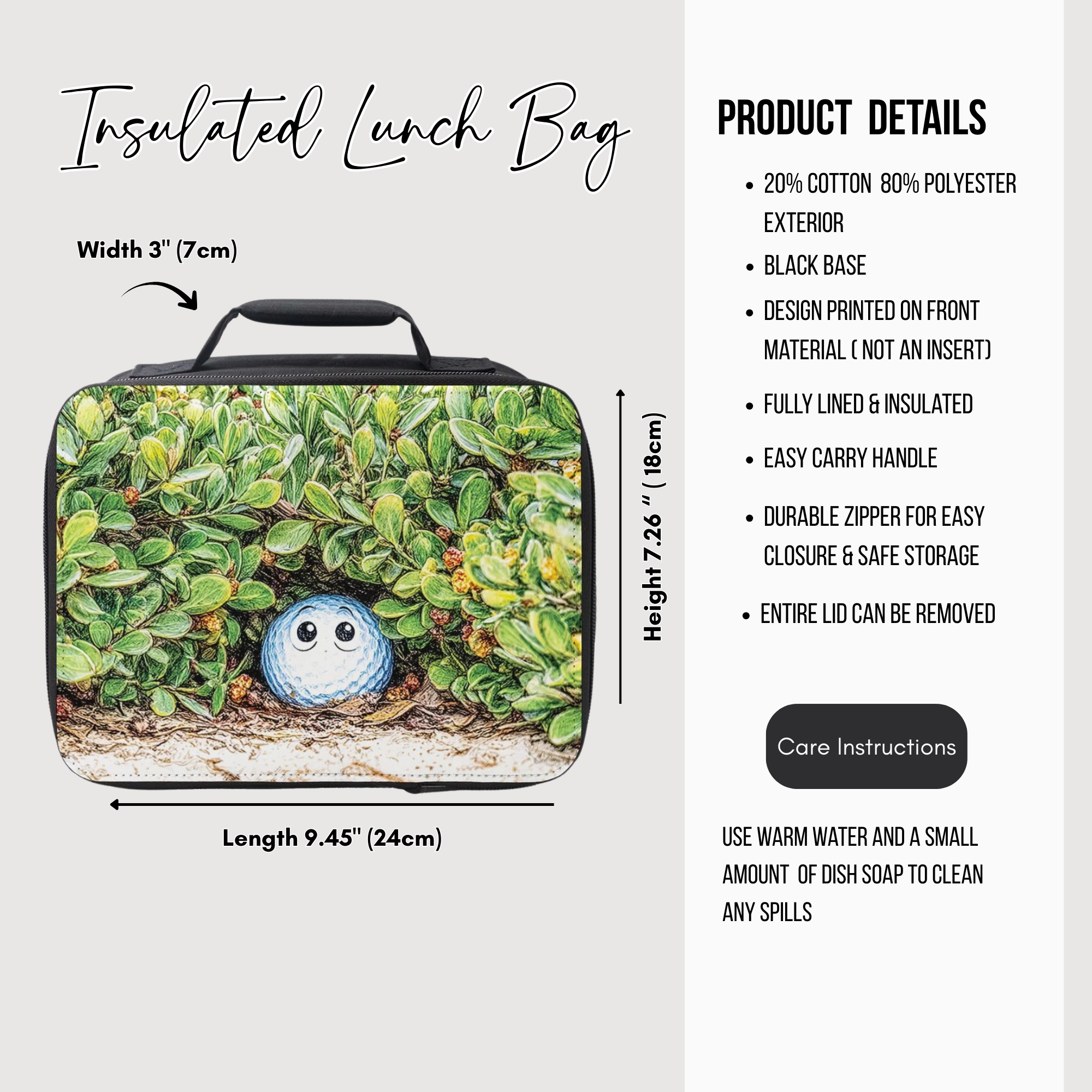 Insulated lunch bag with a design of a character golf ball in leaves, featuring product details on a white background.