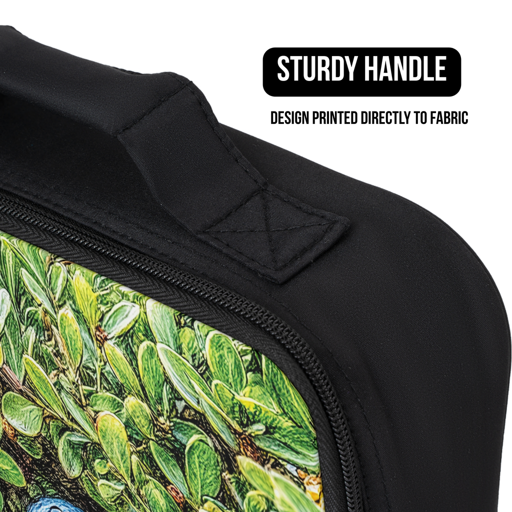 Close up of a black lunch bag with green leaf pattern and sturdy handle feature