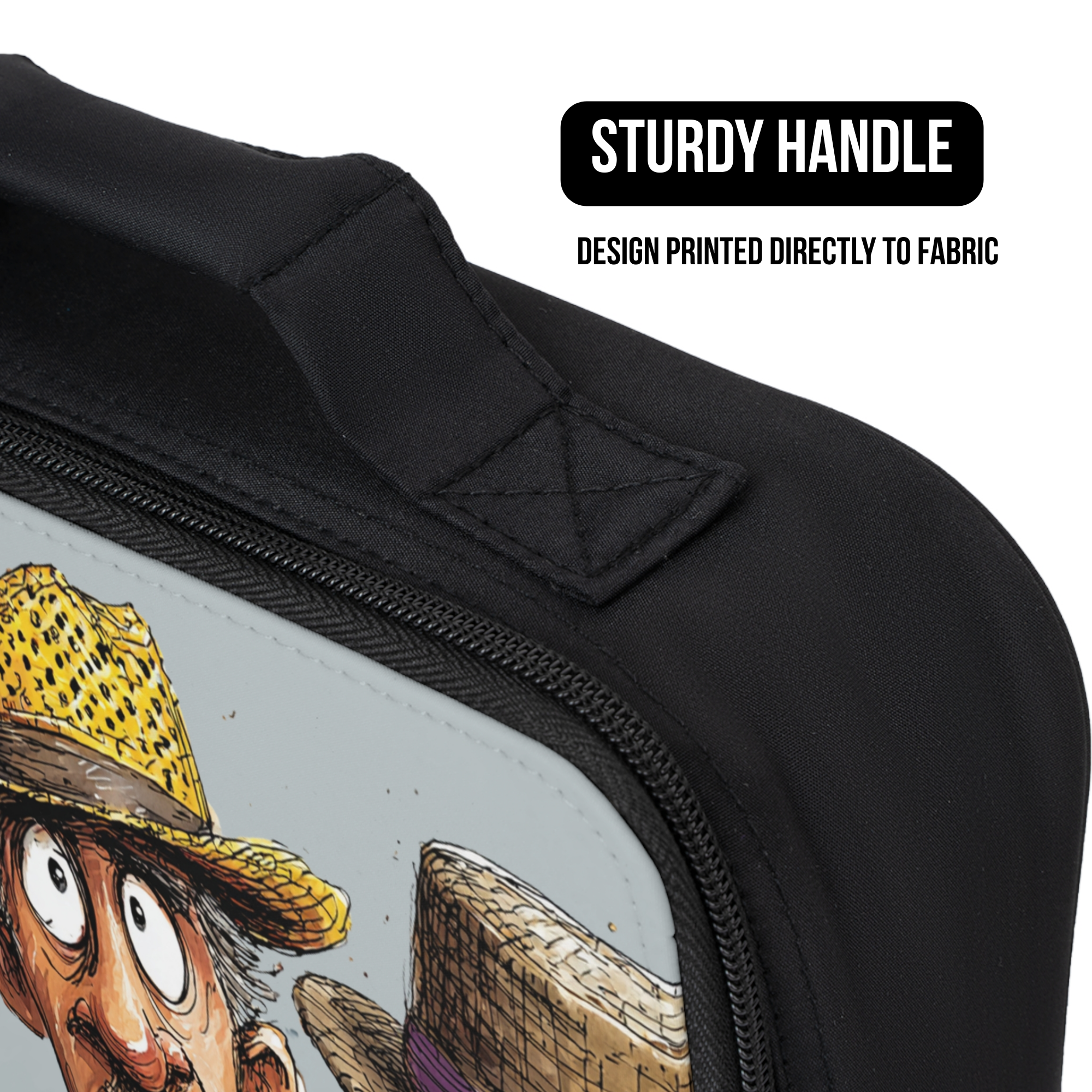 Close up of a black lunch bag with a cartoon character design and 'Sturdy Handle' text on a white background