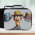 Lunch bag with a cartoon design of a man wearing hats and glasses on a white background