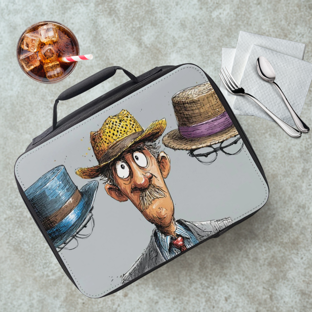 Lunch bag with a cartoon design of a man with hats on a cafeteria table with a drink and utensils.