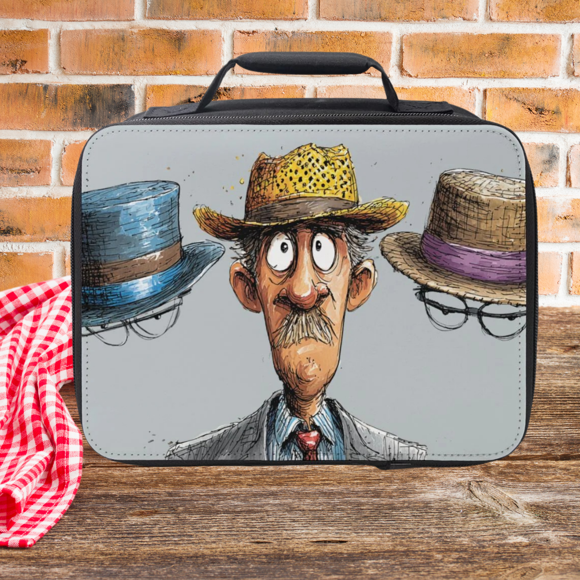 Lunch bag with a cartoon design of a man with hats and glasses on a picnic table against a brick wall background