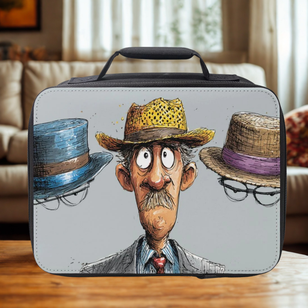 Lunch bag with a cartoon design of a man with hats on a wooden living room table.