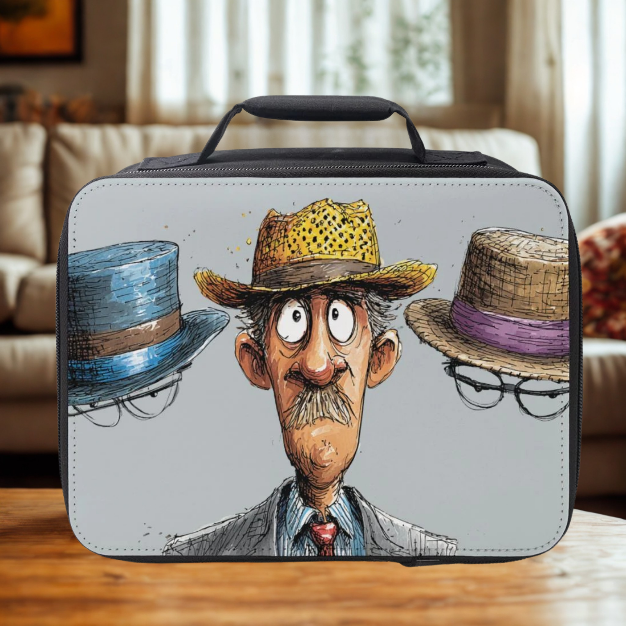 Lunch bag with a cartoon design of a man with hats on a wooden living room table.