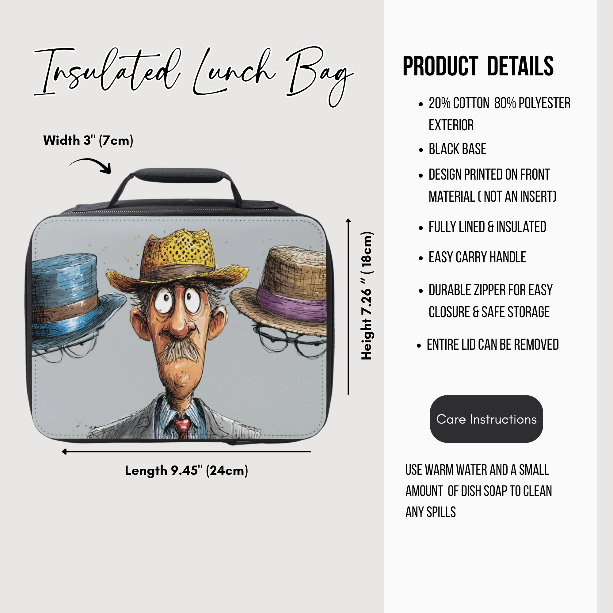 Insulated lunch bag with cartoon character design and product details on a white background