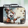 Lunch bag with a cartoon squirrel character on a wooden surface