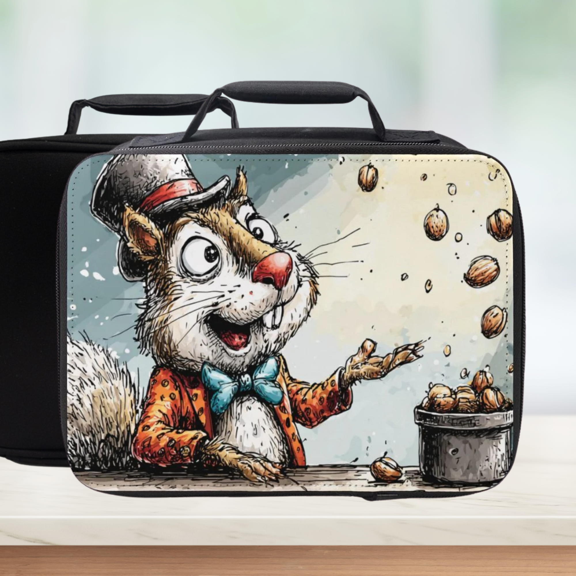 Lunch bag with a cartoon squirrel character on a wooden surface