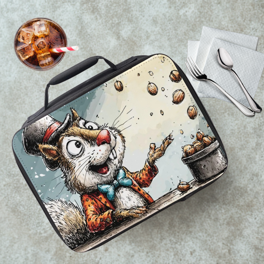 Lunch bag with a cartoon squirrel design on a cafeteria table with a drink and utensils.