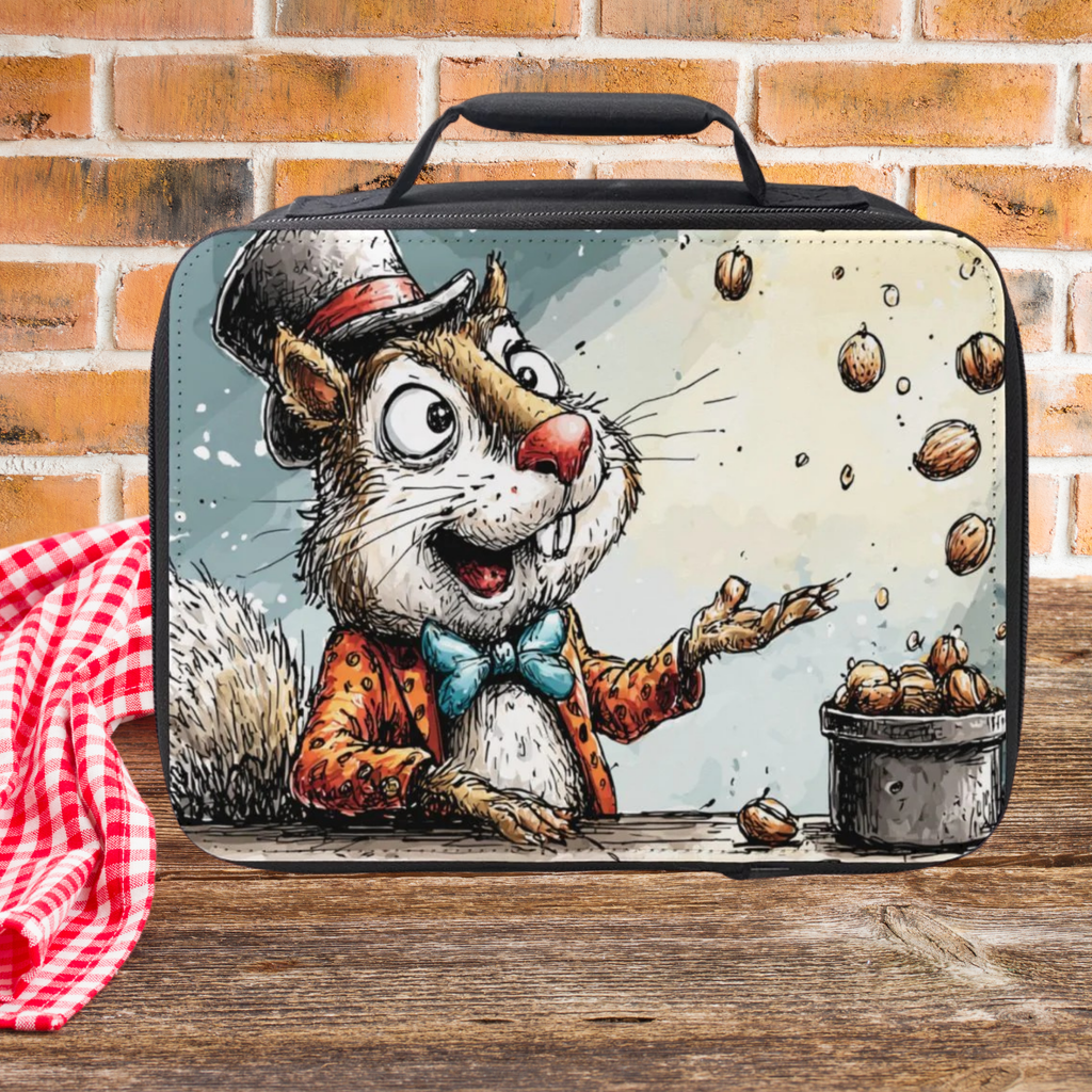  insulated lunch bag with cartoon squirrel design on a wooden surface with brick wall background