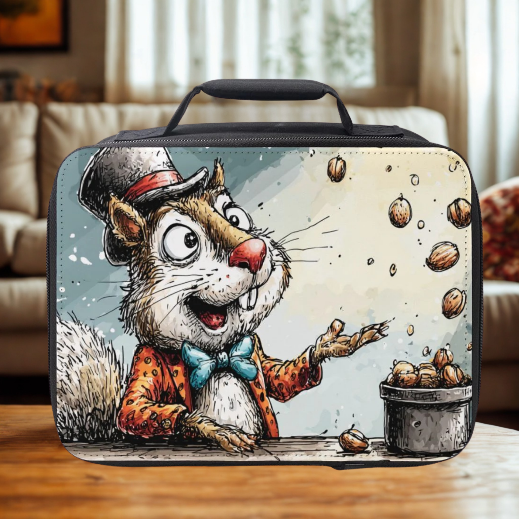  insulated lunch bag with a cartoon squirrel design on a wooden living room table