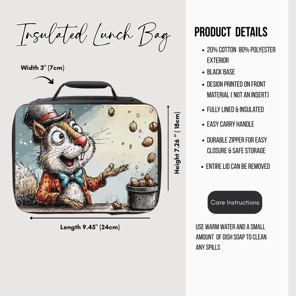 Insulated lunch bag with cartoon squirrel design and product details on a white background