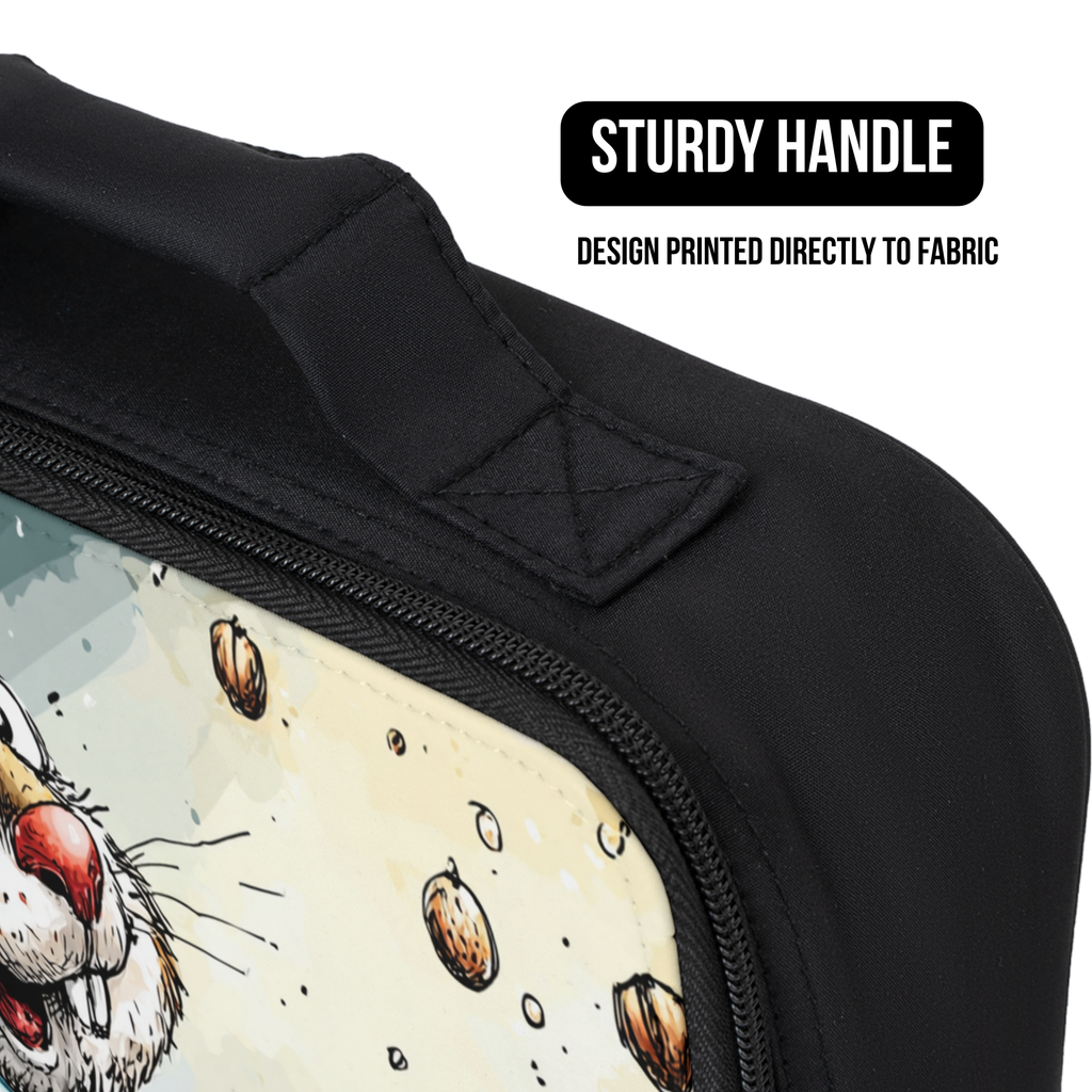 Black lunch bag with a design printed directly to fabric, featuring a handle and text indicating the feature.