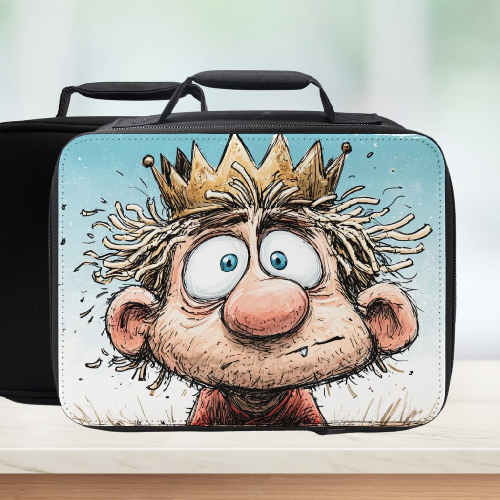  insulated lunch bag with cartoon character king with noodle hair design on a white background