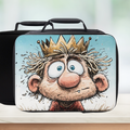  insulated lunch bag with cartoon character king with noodle hair design on a white background