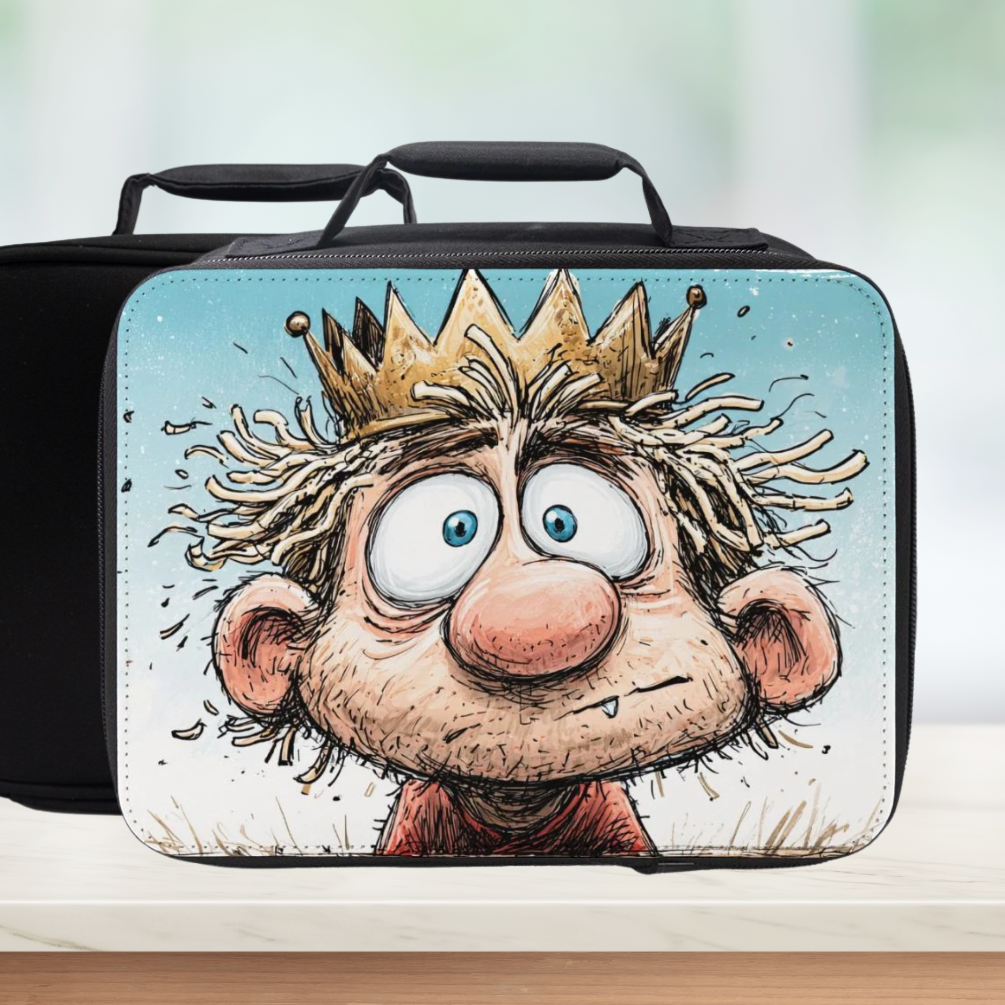  insulated lunch bag with cartoon character king with noodle hair design on a white background