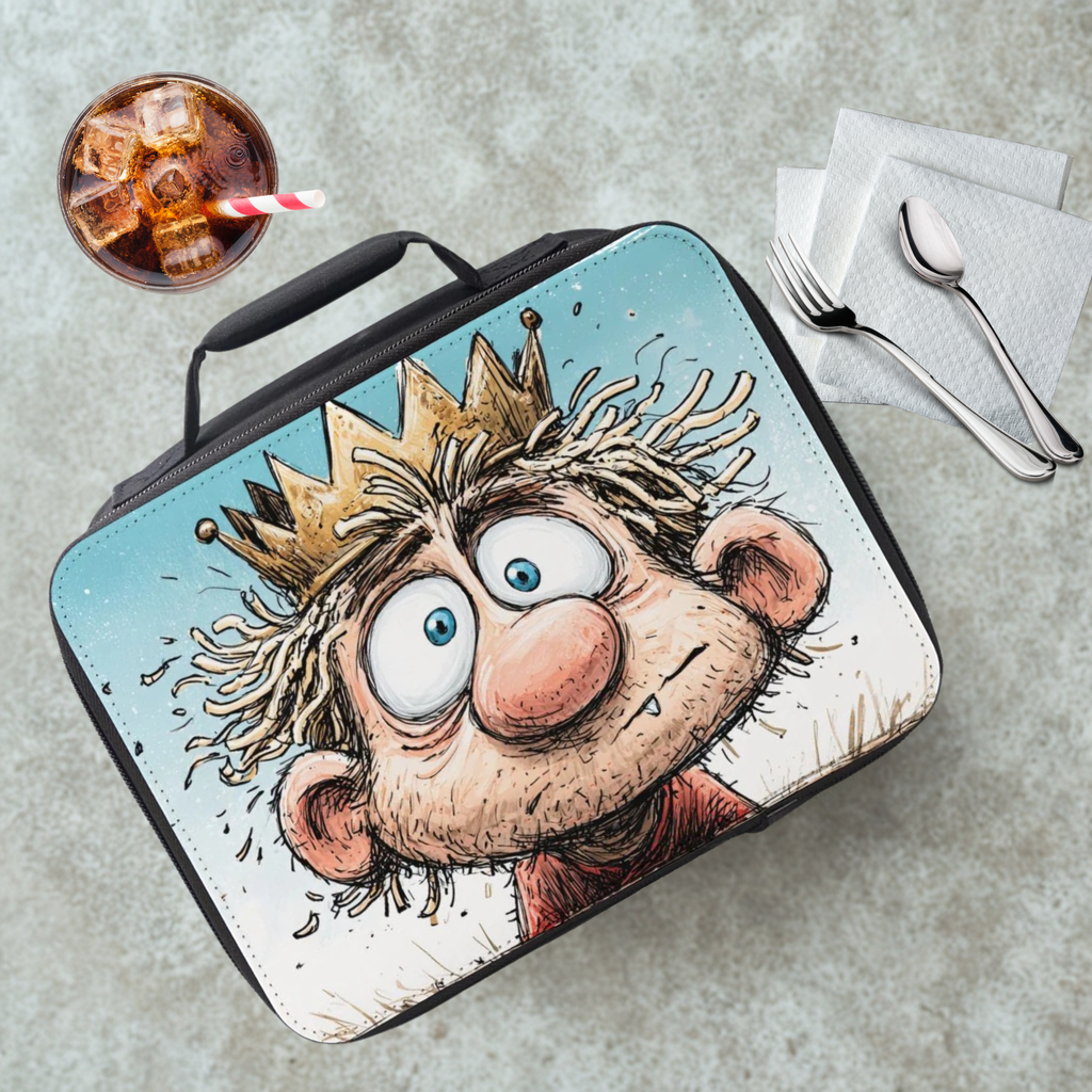 Lunch bag with cartoon character design on a cafeteria table with a drink and utensils.