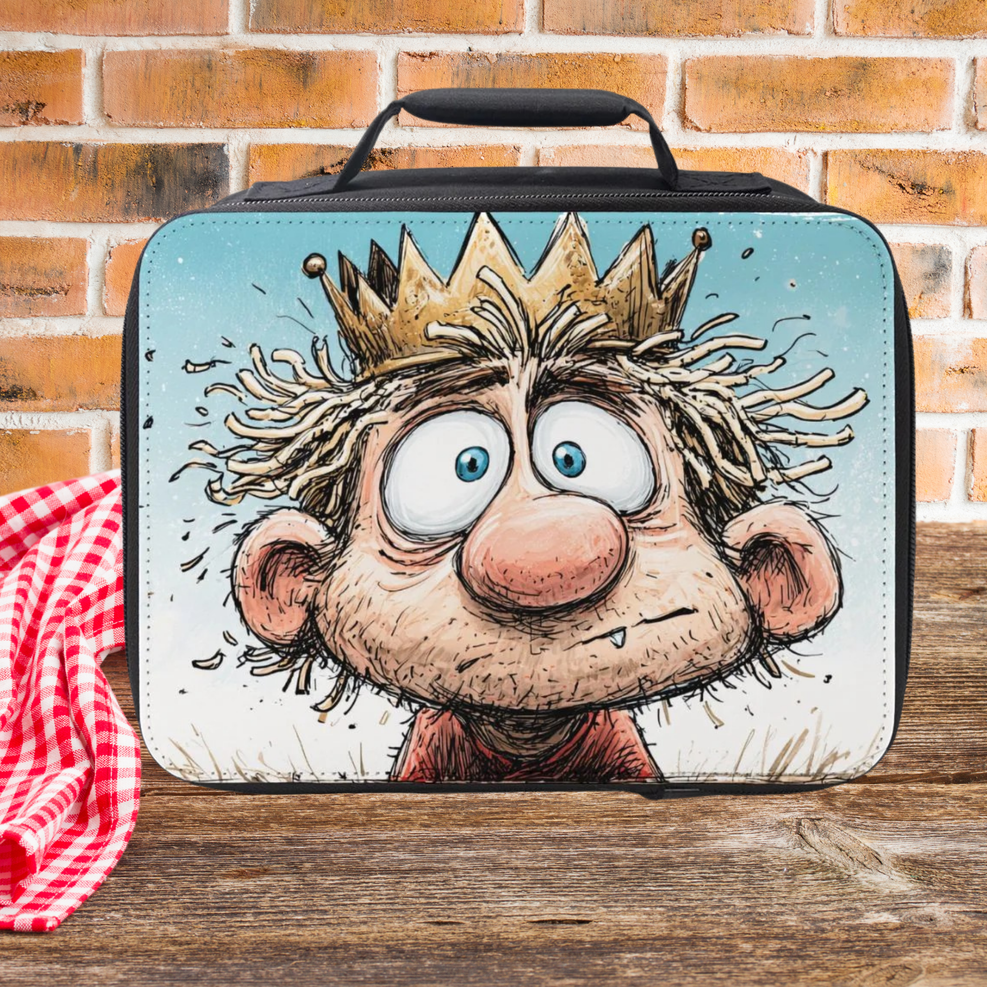 Lunch bag with cartoon character design on a picnic table against a brick wall background