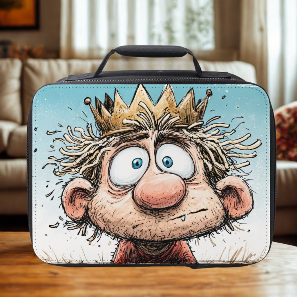  lunch box with cartoon character wearing a crown and noodles for hair on a wooden table in a cozy living room