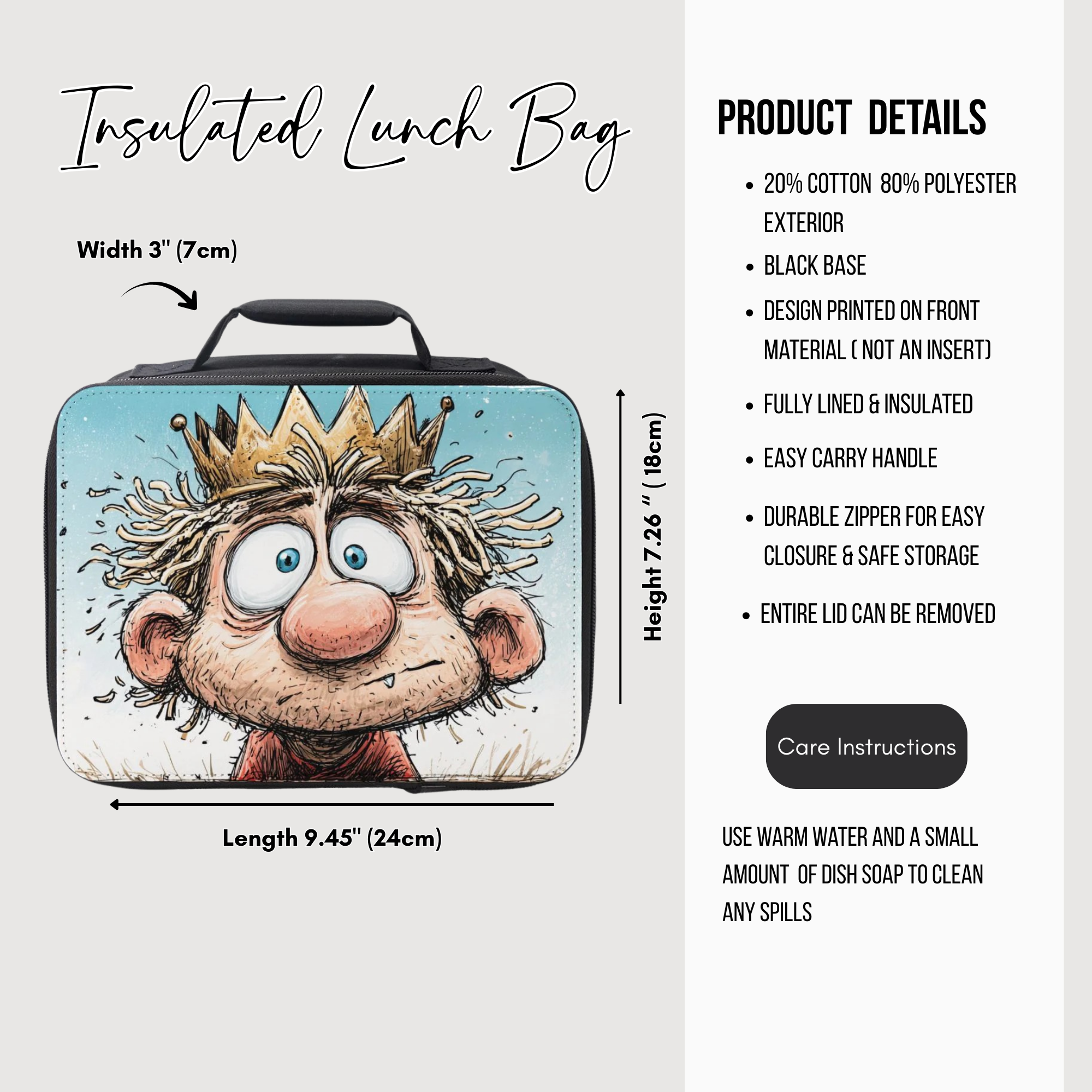 Insulated lunch bag with cartoon character design and product details on a white background