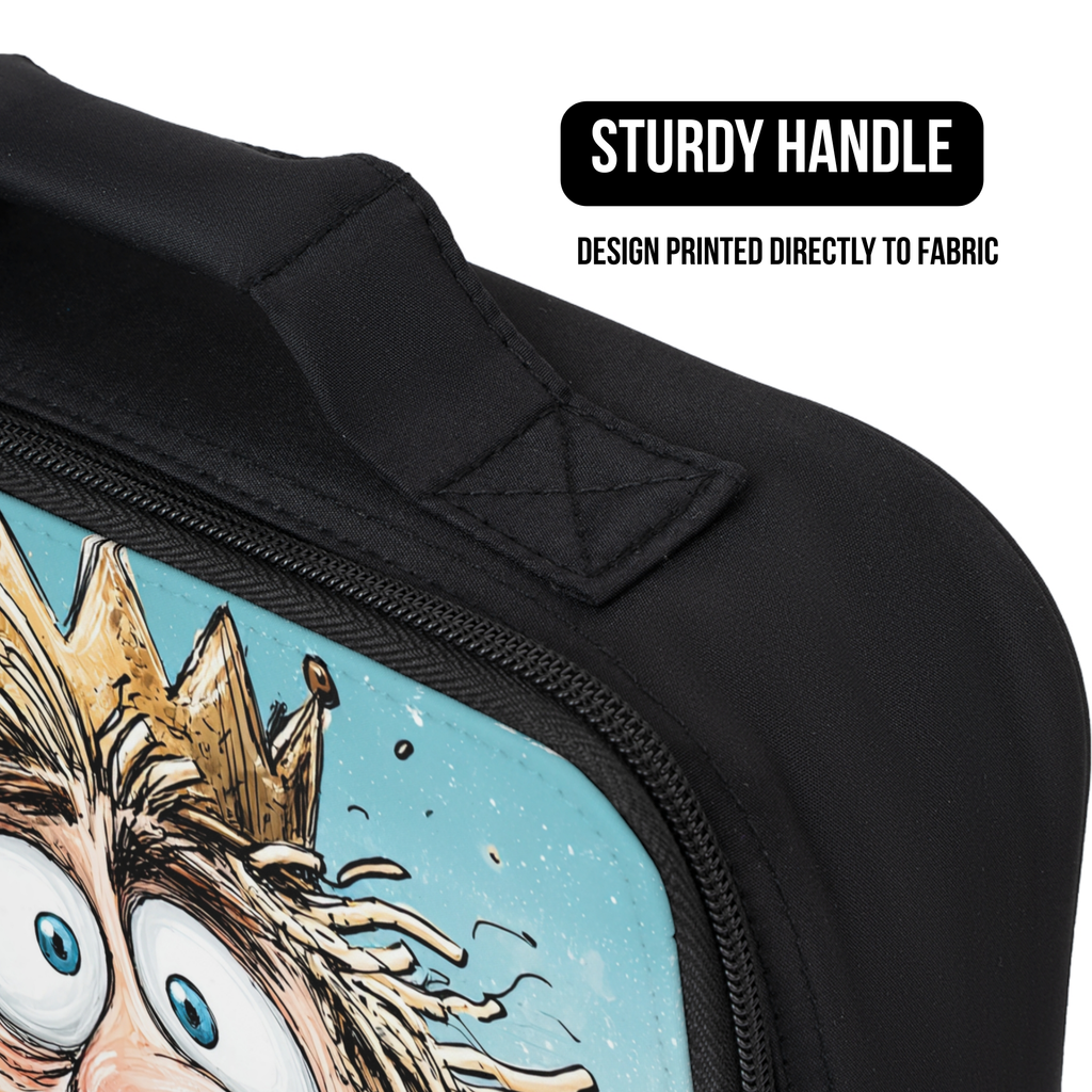 Close up of a black lunch bag with a printed design of a character wearing a crown on a white background and showing the sturdy handle