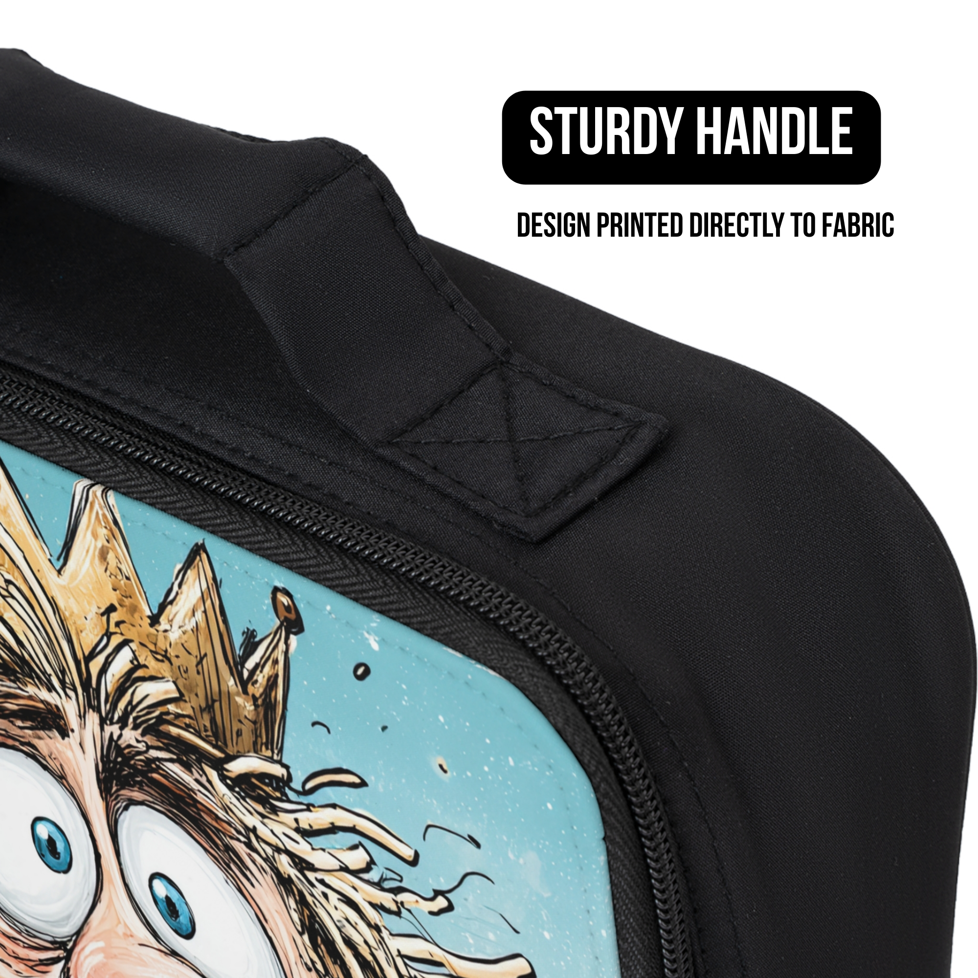 Close up of a black lunch bag with a printed design of a character wearing a crown on a white background and showing the sturdy handle