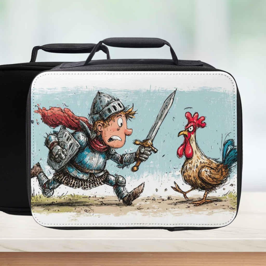 Black lunch bag with a cartoon design of a knight and a rooster on a white background