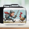 Black lunch bag with a cartoon design of a knight and a rooster on a white background