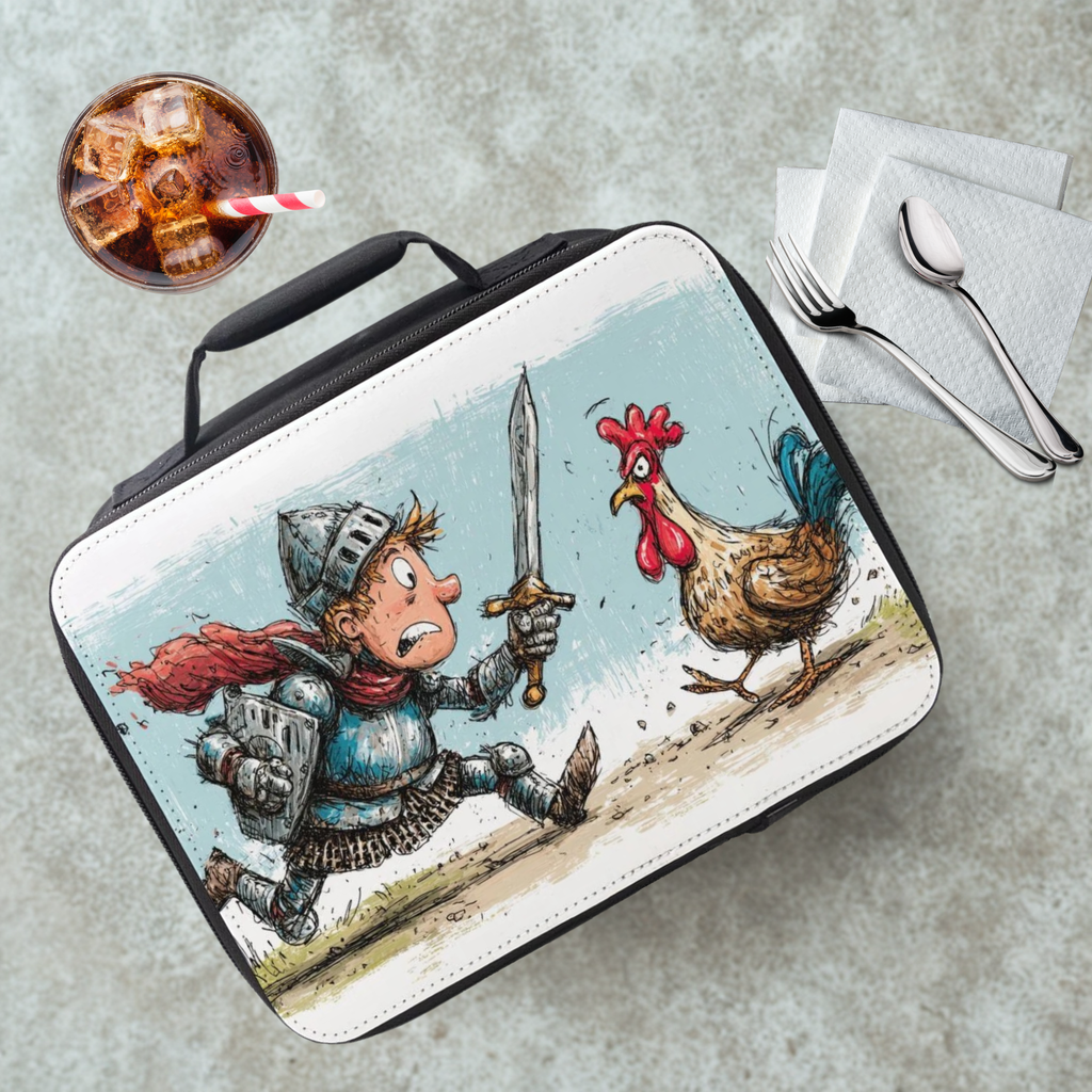 Lunch bag with a cartoon design of a knight and a rooster on a gray table with a drink and utensils.