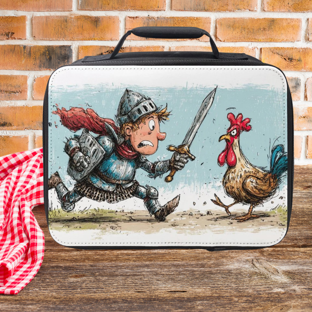 Lunch bag with a cartoon design of a knight and a rooster on a picnic table against a brick wall background