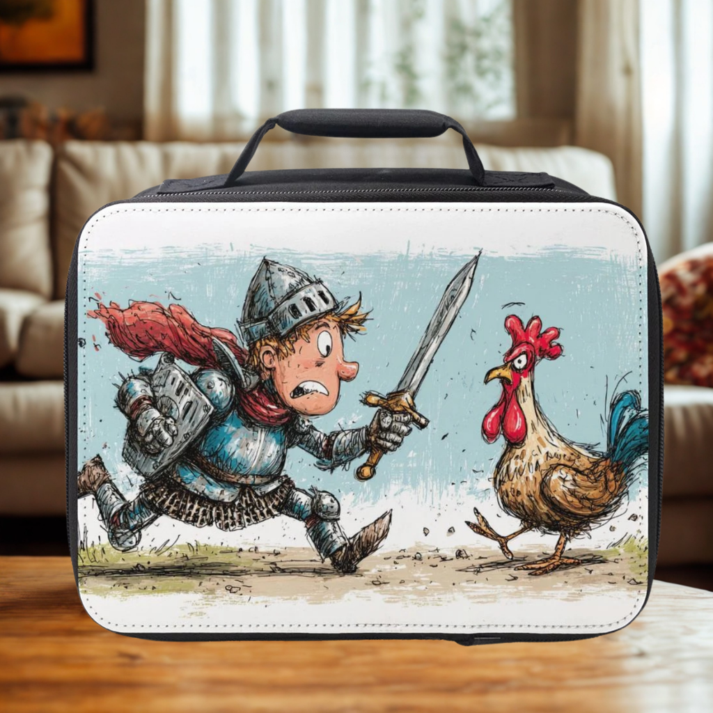  insulated lunch bag with a cartoon design of a knight and a chicken on a wooden table in a living room.