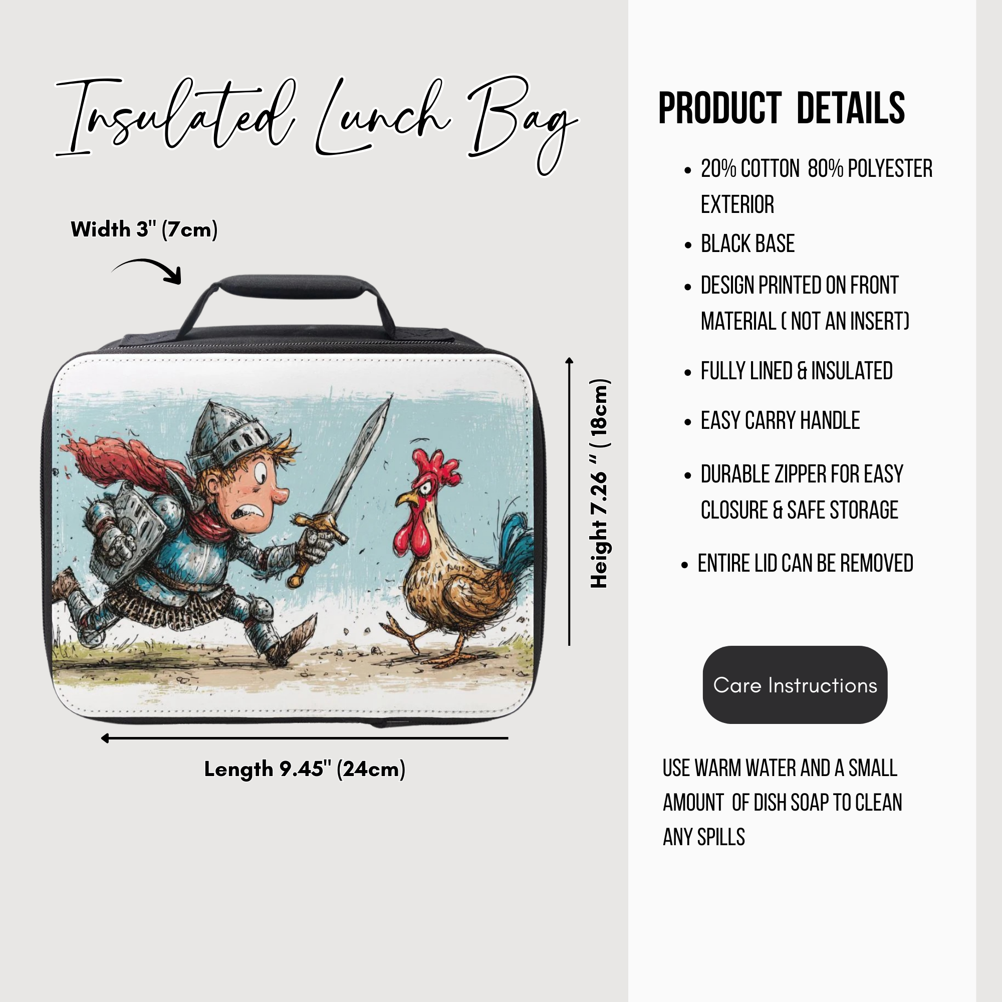 Insulated lunch bag with cartoon design of a knight and a rooster, featuring product details on a white background.