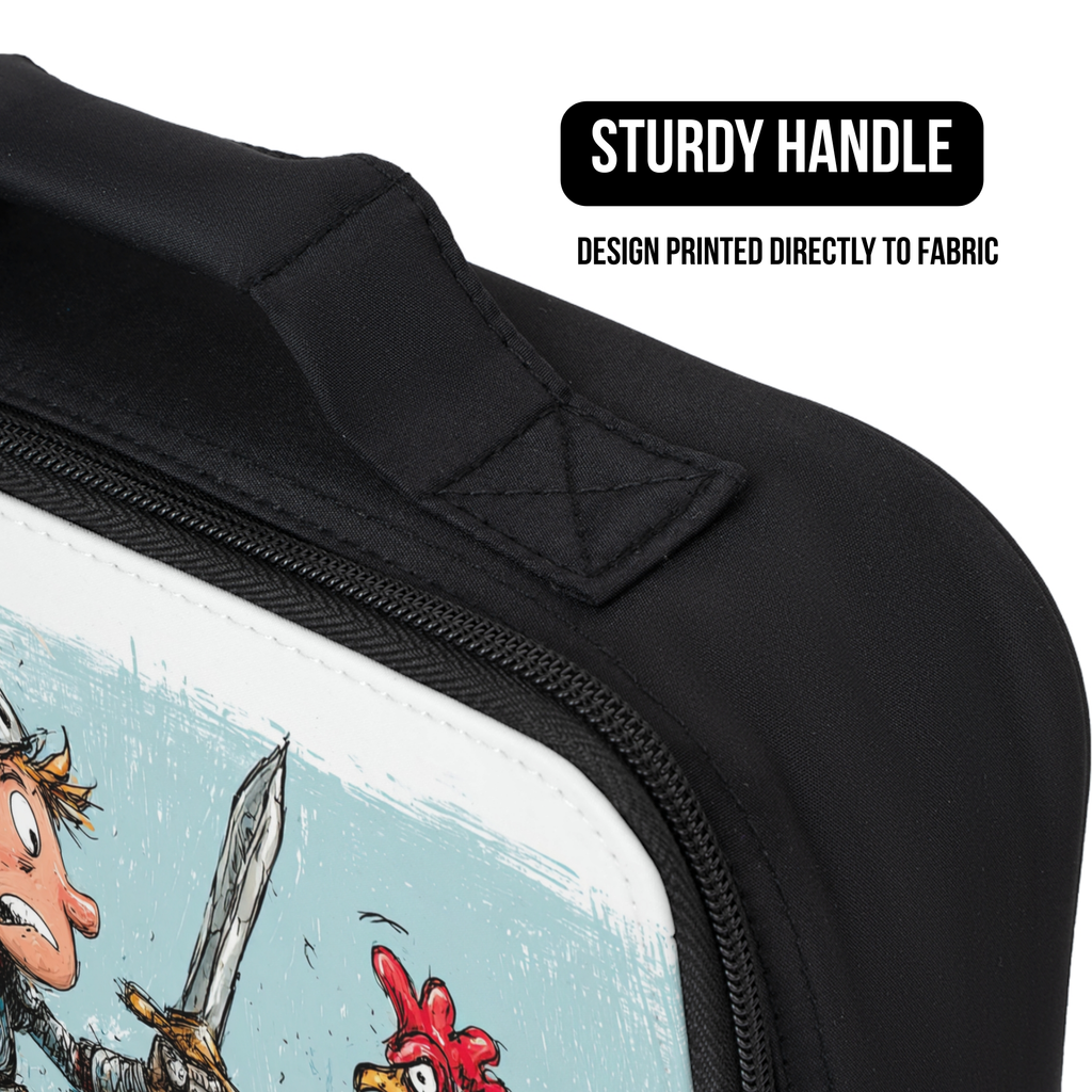 Black bag with a cartoon design of a knight with a sword and a rooster, featuring a sturdy handle and text indicating design on fabric.