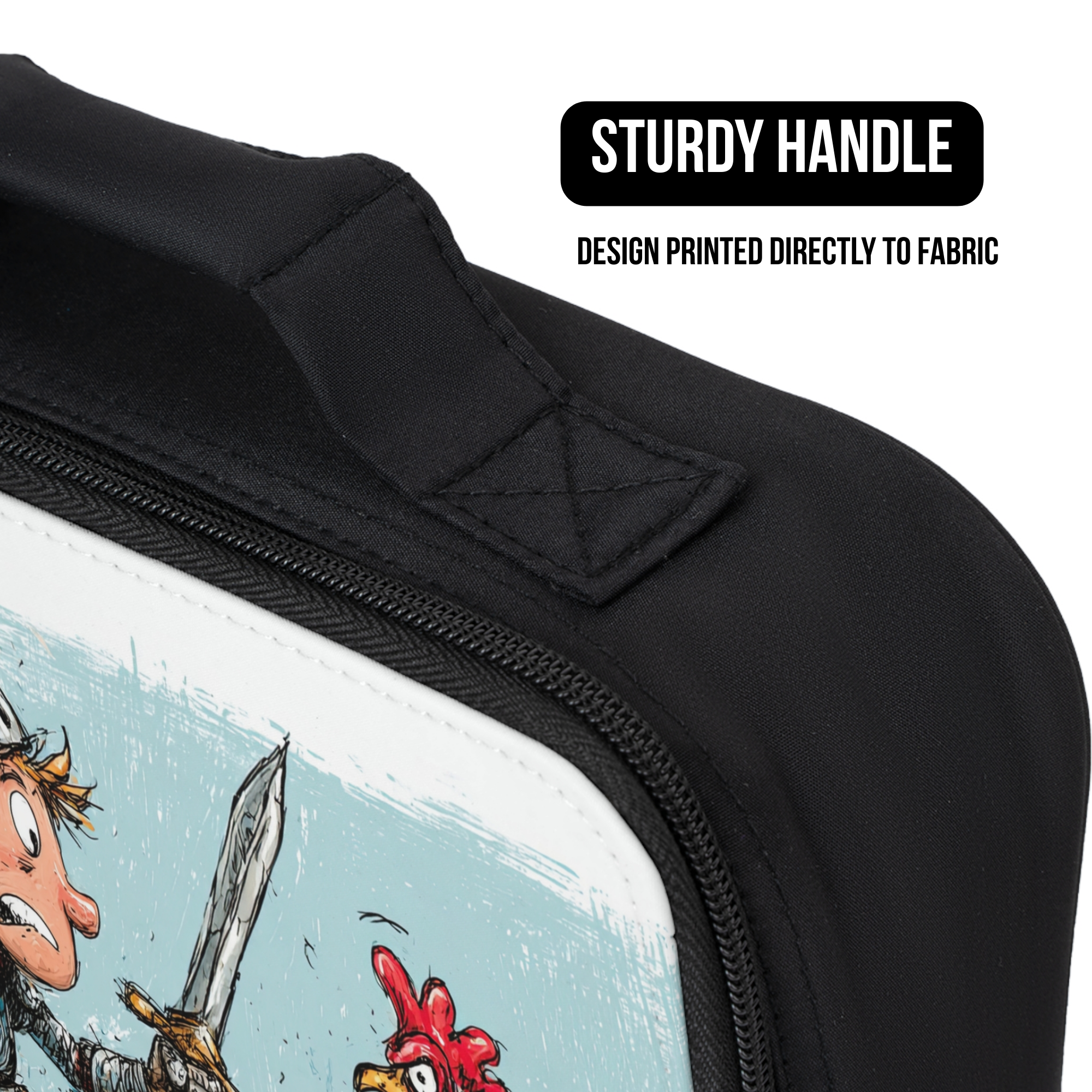Black bag with a cartoon design of a knight with a sword and a rooster, featuring a sturdy handle and text indicating design on fabric.