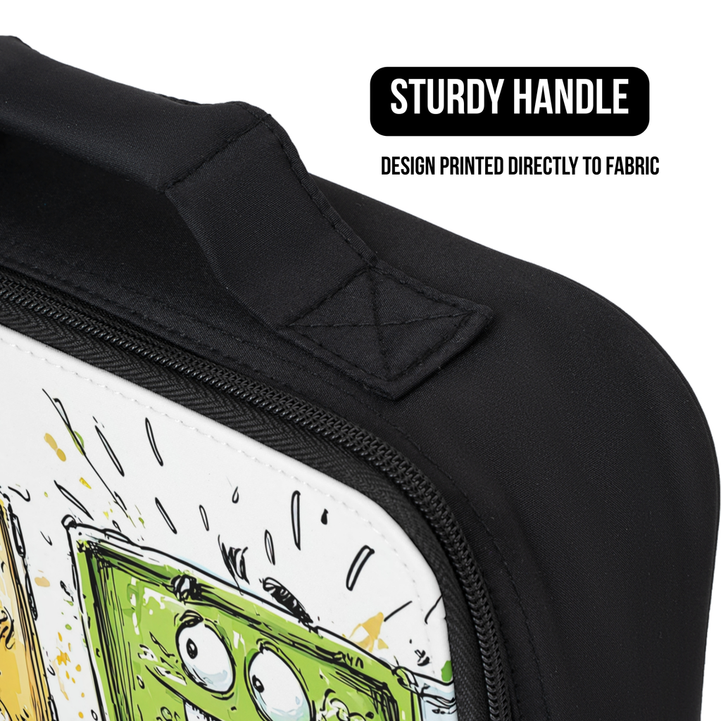 Black lunch bag with a cartoon design on fabric, featuring a sturdy handle.