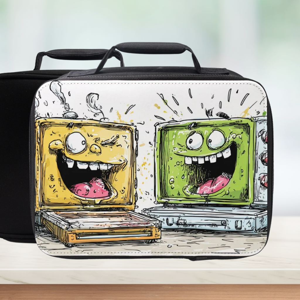 Lunch bag with cartoon character design on a white background