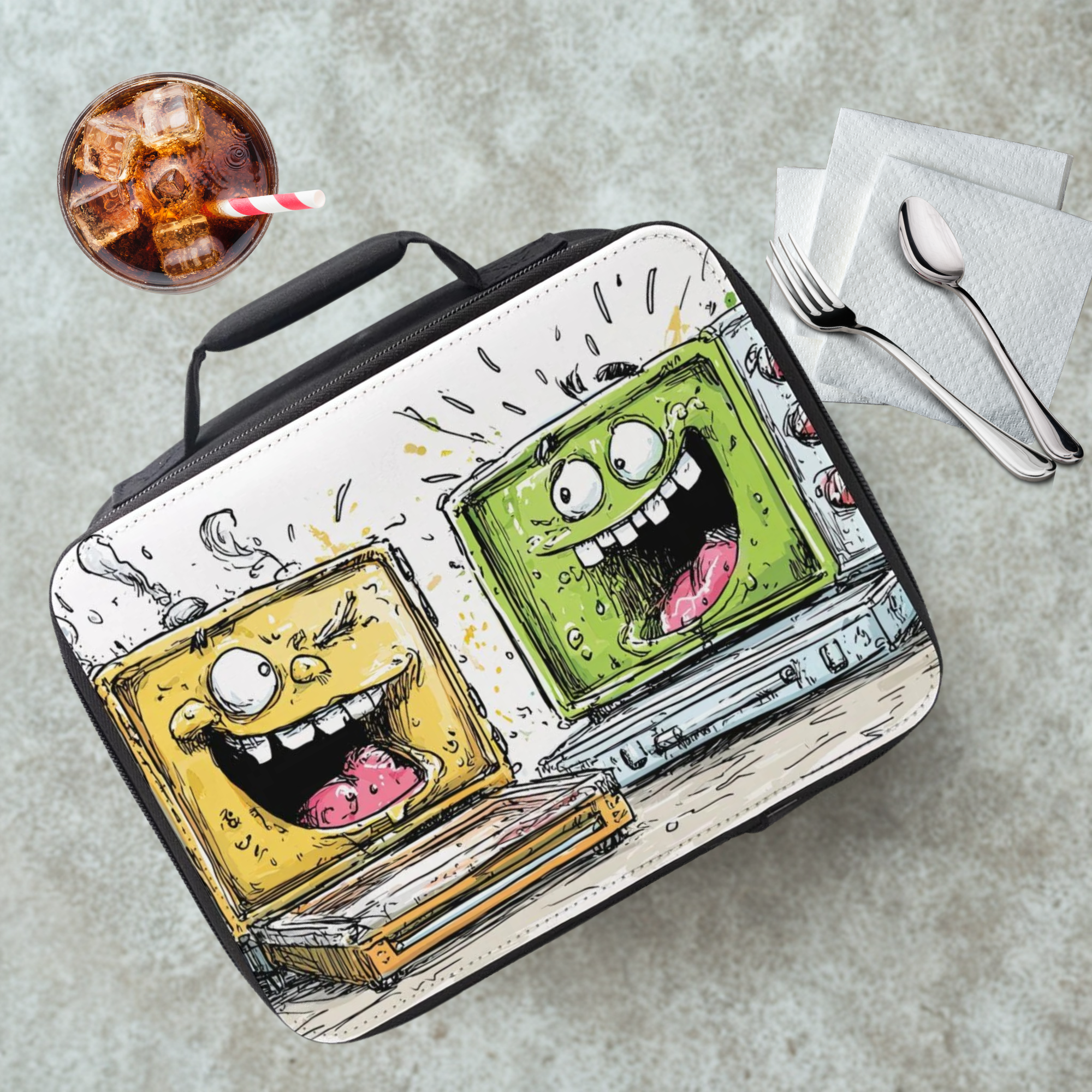Lunch box with cartoon design of a microwave and oven with faces on a cafeteria table with a drink and utensils.
